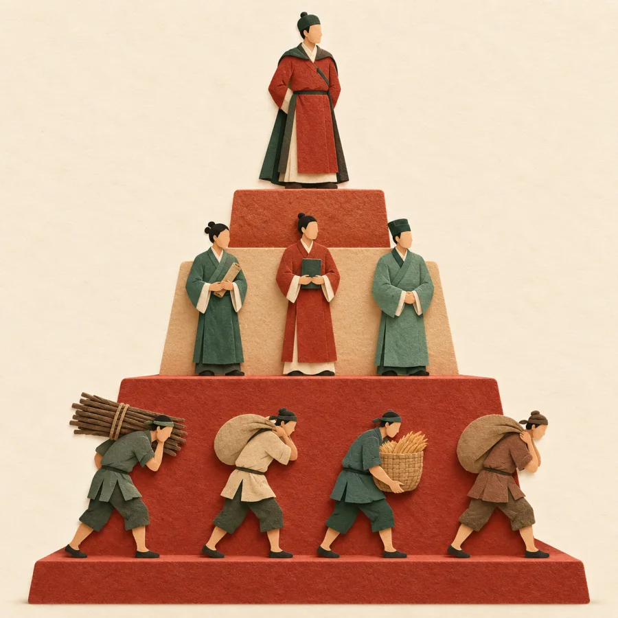 A stepped platform with a different group on each tier