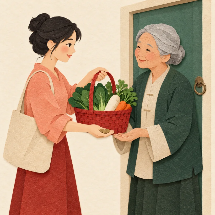 A person hands a basket of vegetables to an older person at a door
