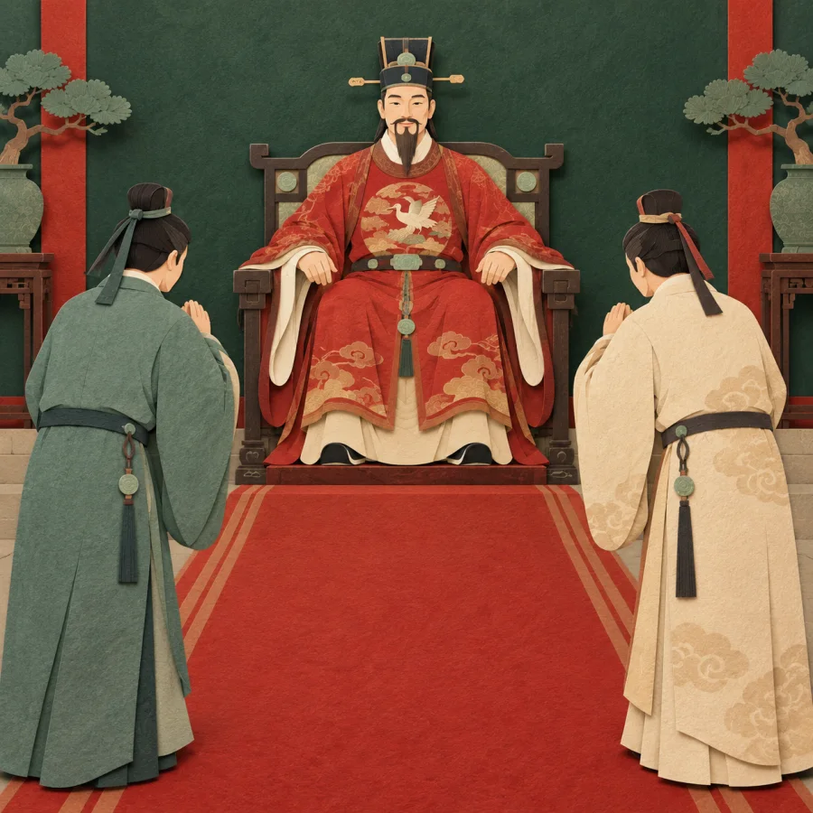 An important person in a chair receives two visitors