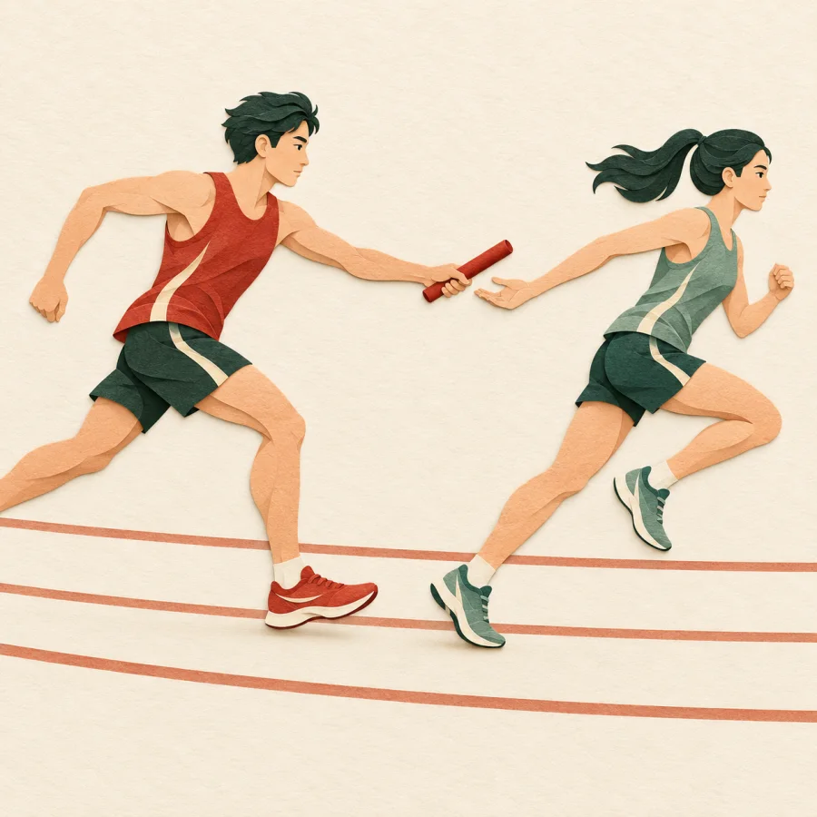 A runner passes a baton to the next runner on a track