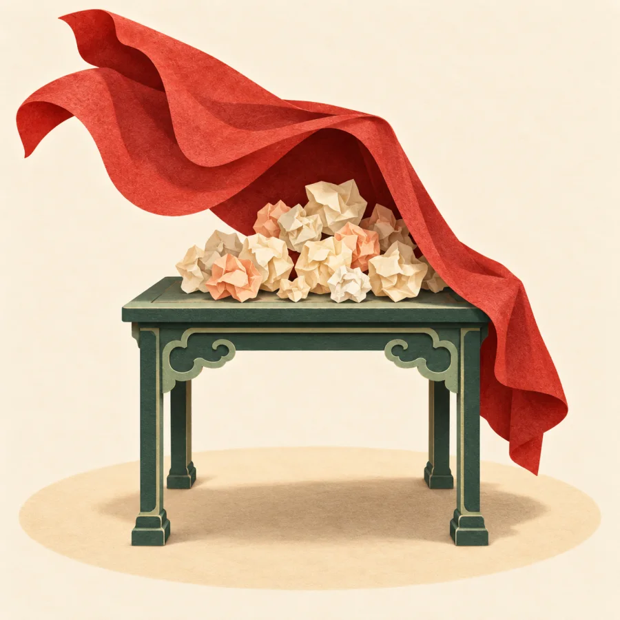 A cloth is pulled off a table to reveal crumpled papers
