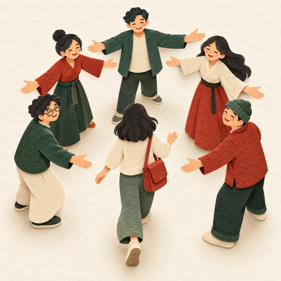 People in a circle open up and welcome a newcomer