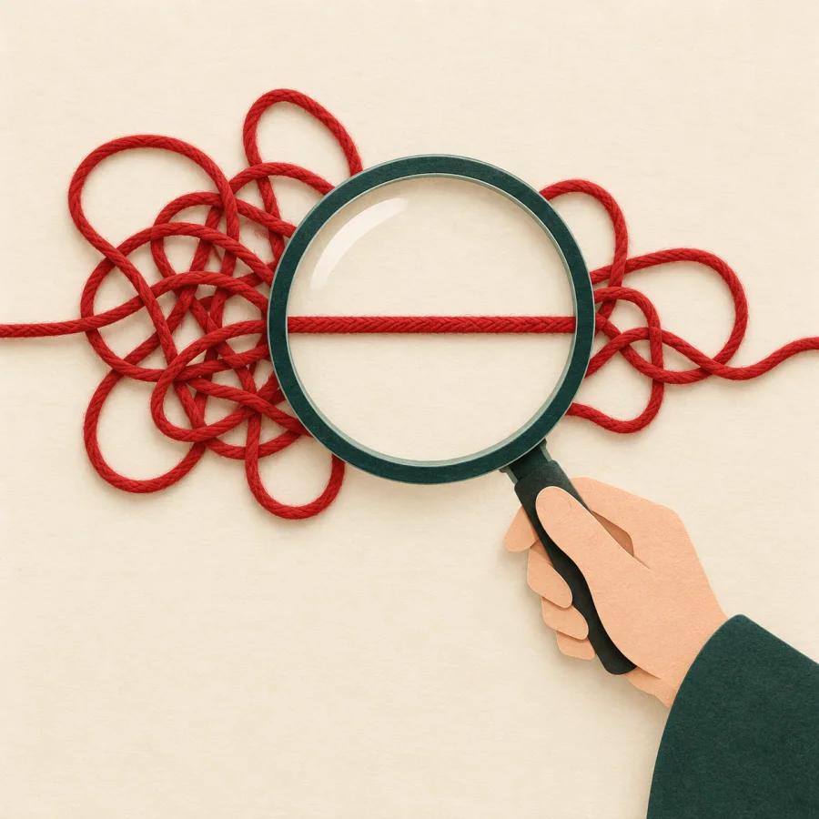 A person looks through a lens and a tangled thread becomes straight
