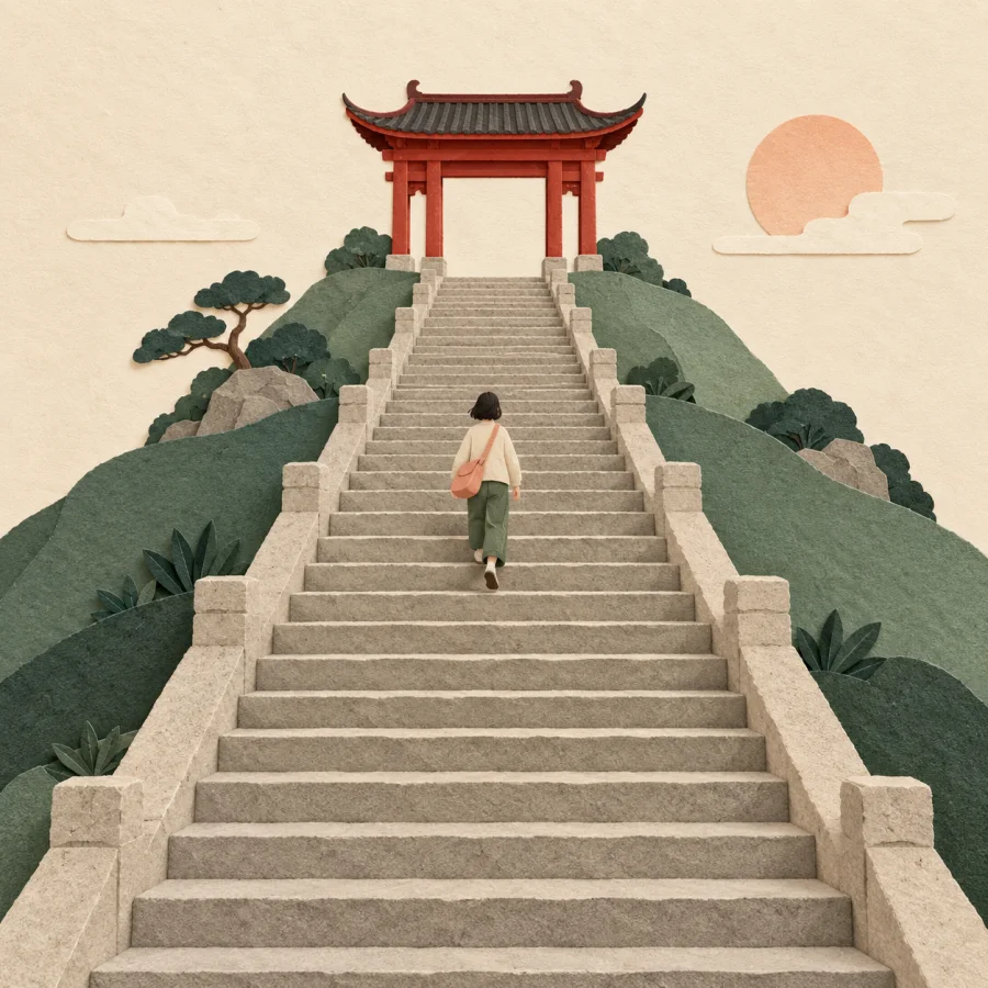 A person climbs a stone staircase toward a gate