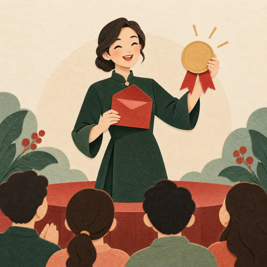 A host on stage opens an envelope in front of the audience