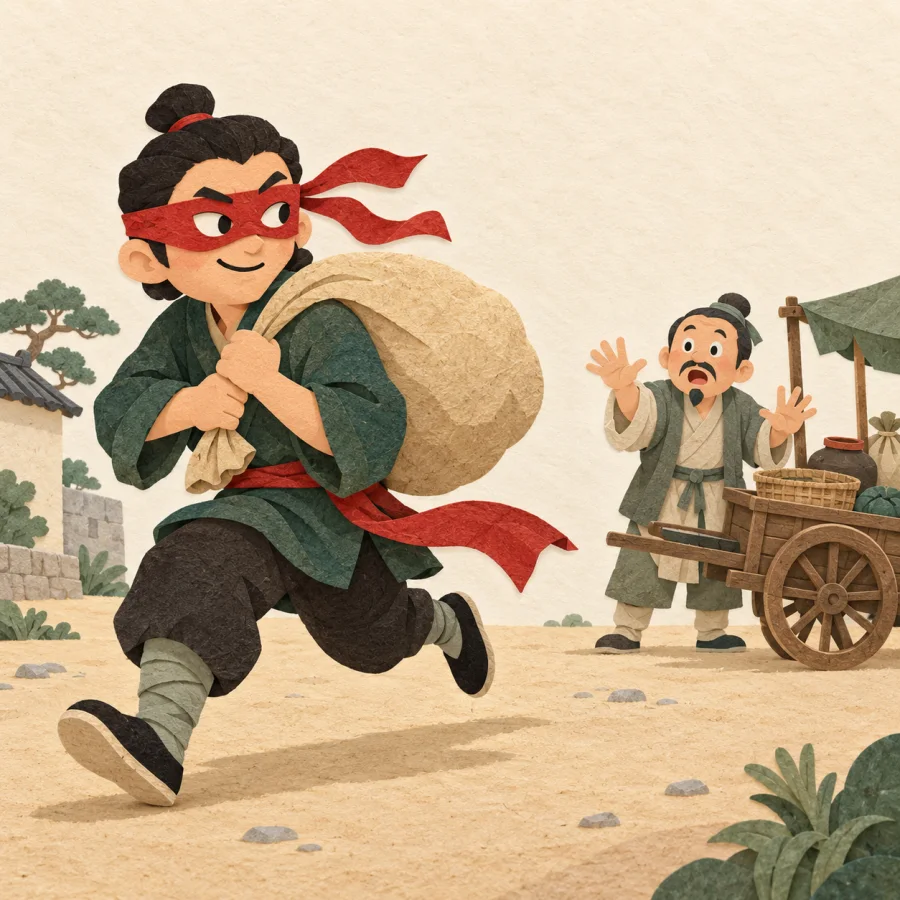 A masked figure runs off with a sack as a bystander watches