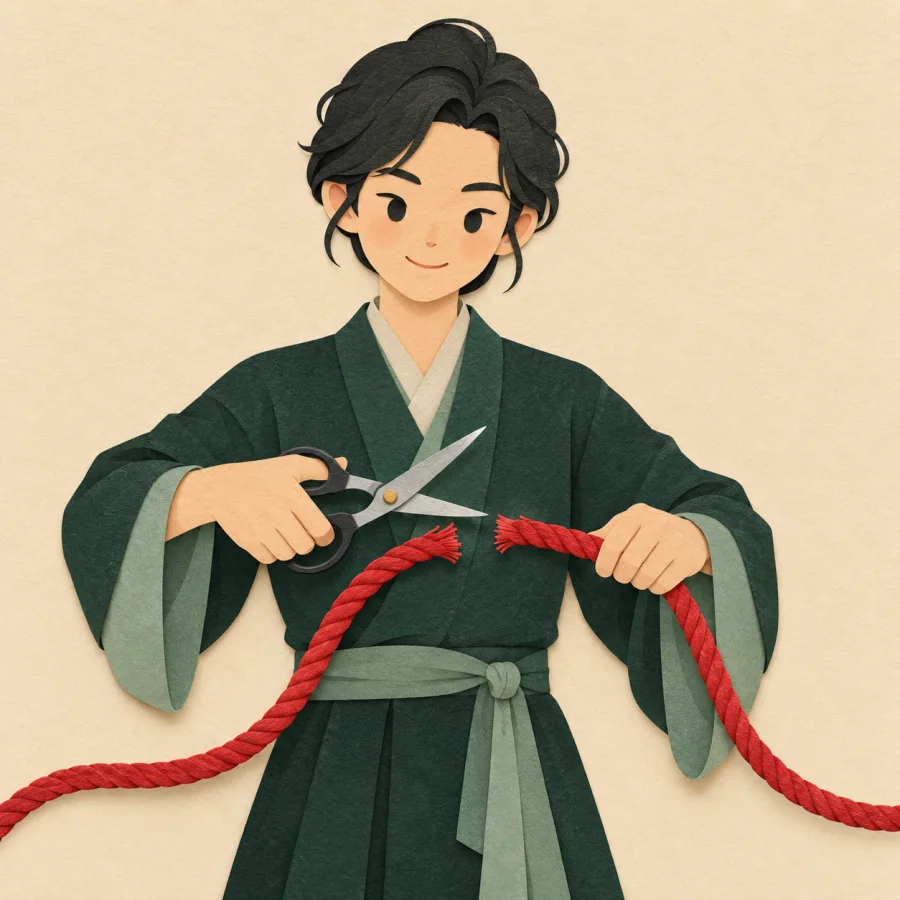 A person cuts a long rope in two with scissors