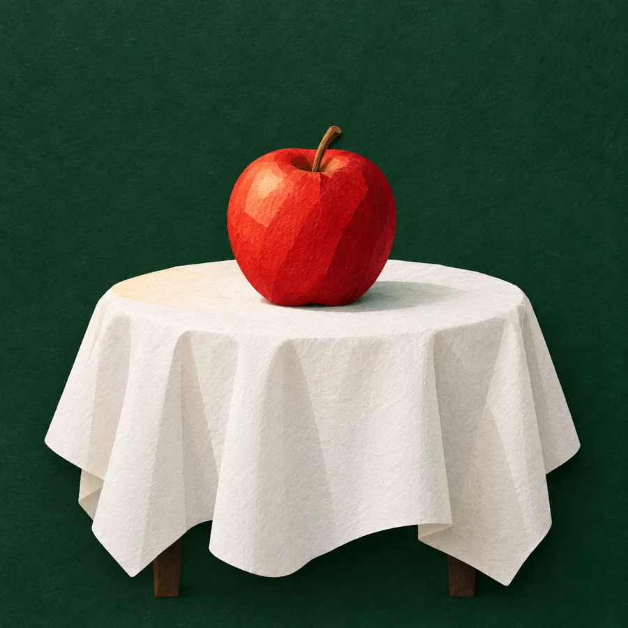 A white tablecloth on a table with a single red apple