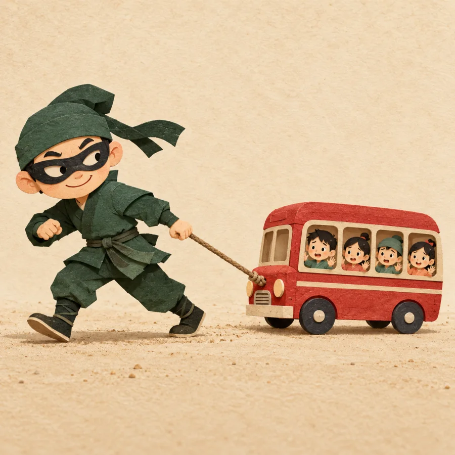 A masked figure drags a toy bus away by a rope