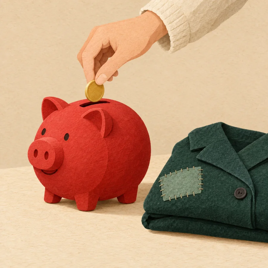 A person drops a coin in a piggy bank beside a patched coat