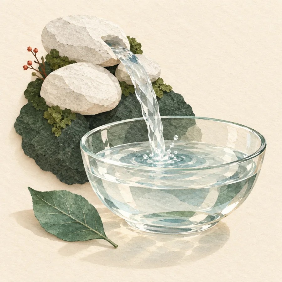 A clear stream runs over white stones into a glass bowl
