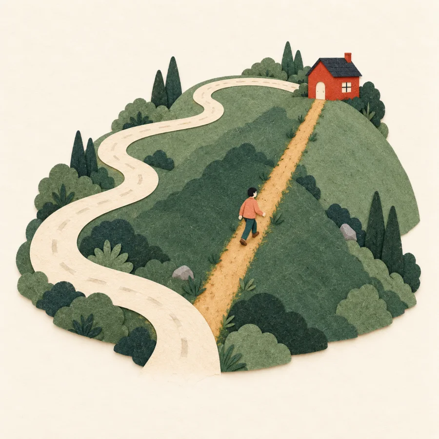 A winding road around a hill and a straight path to a house