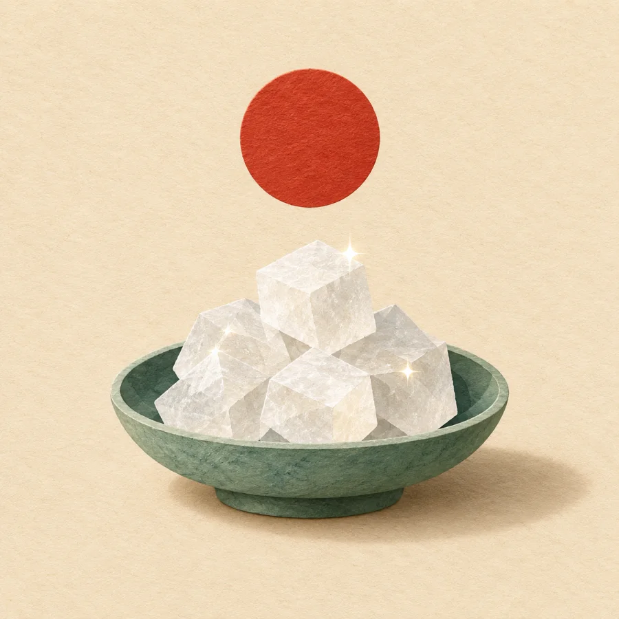 A small dish of glittering white crystals under a sun