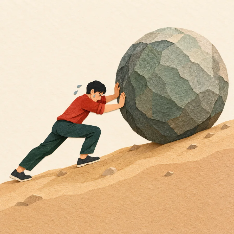 A person pushes a huge round boulder up a hill with all their strength