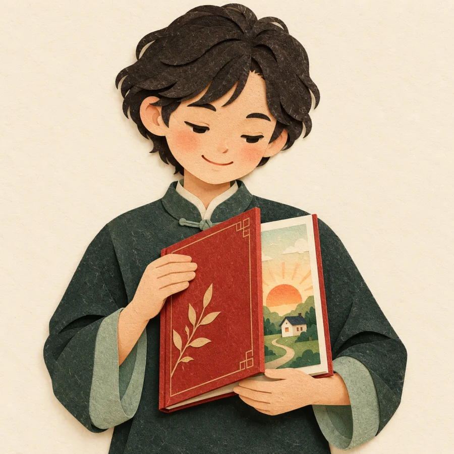 A person contentedly closes a picture book with a sunrise on the last page