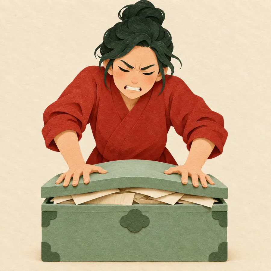 A person presses both hands on the bulging lid of a box