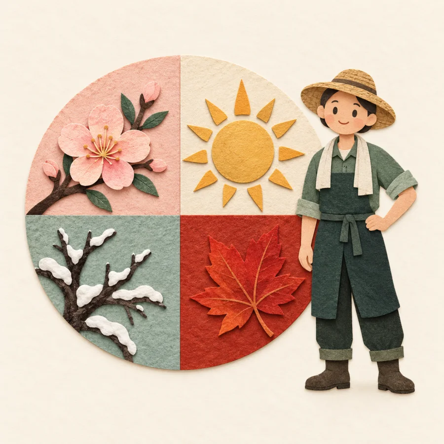 A wheel of four seasons: blossom, sun, leaf, snowy branch