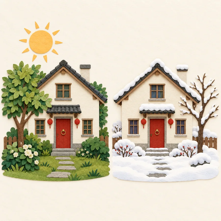 Two identical houses, one among green leaves, one in snow