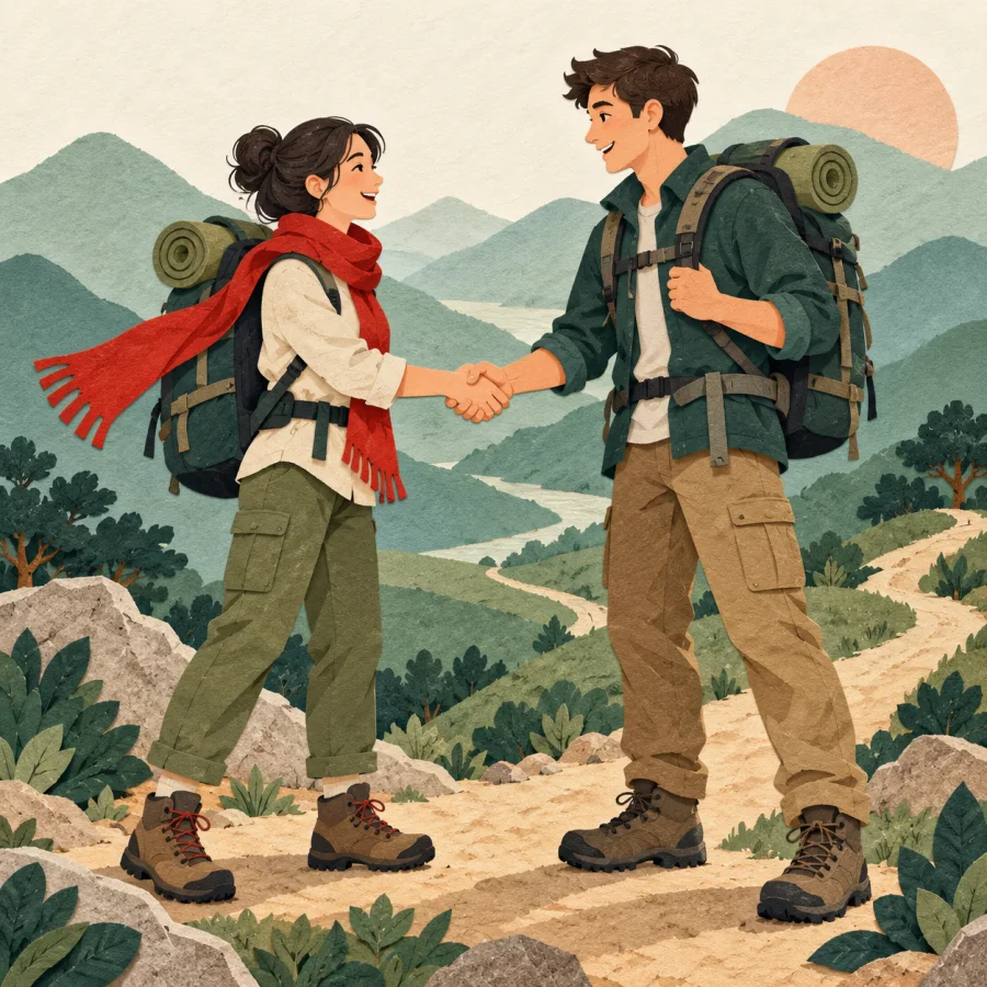 Two people shake hands on a trail, each with a backpack