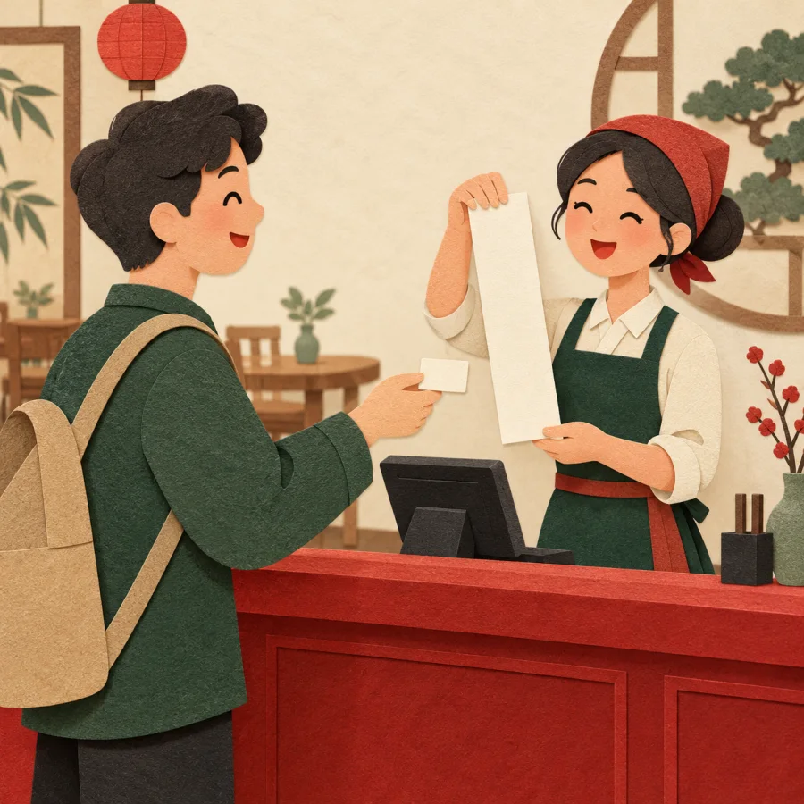 A person hands a card to a cashier holding a long bill