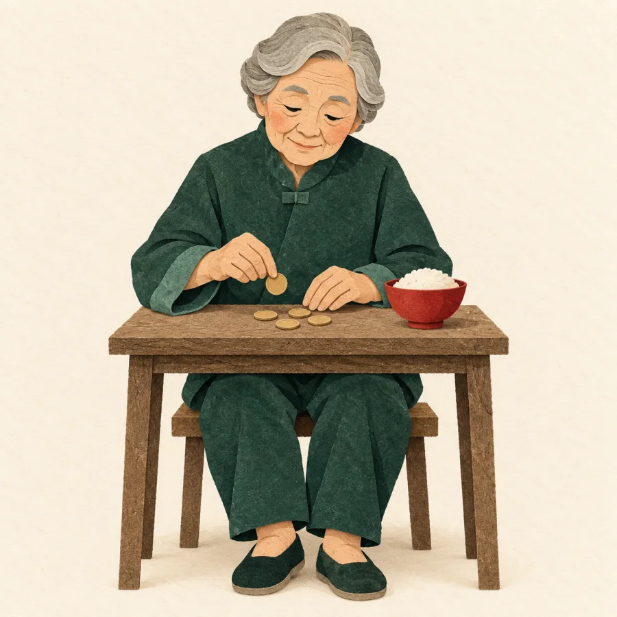 An older person counts a few coins beside a bowl of rice.