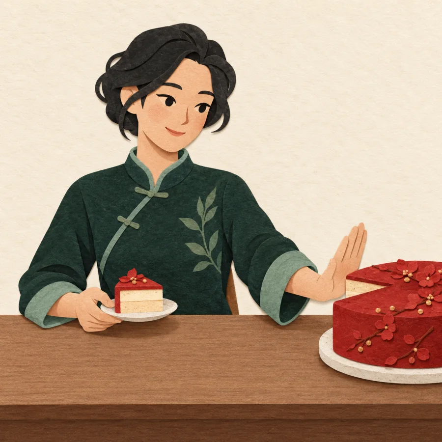 A person takes one small slice of cake and pushes the rest away.