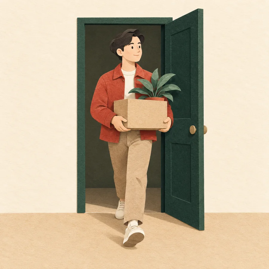 A person leaves an office carrying a small box of belongings.