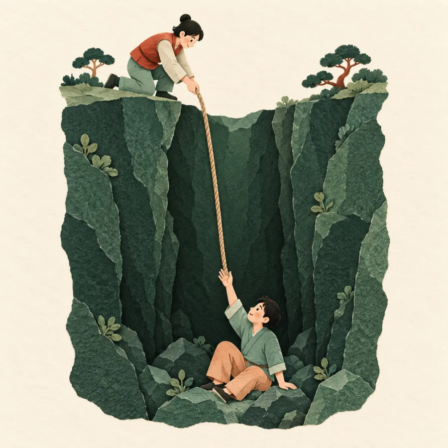 One person lowers a rope to another person stuck in a pit.