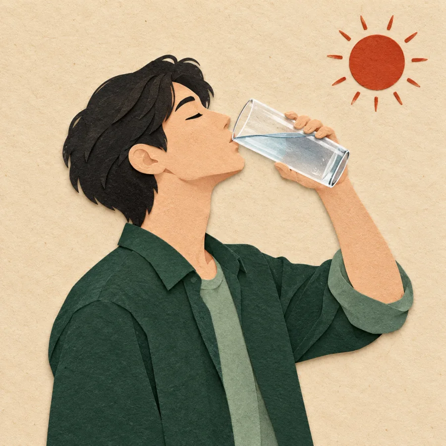 A person tilts their head back drinking a glass of water.