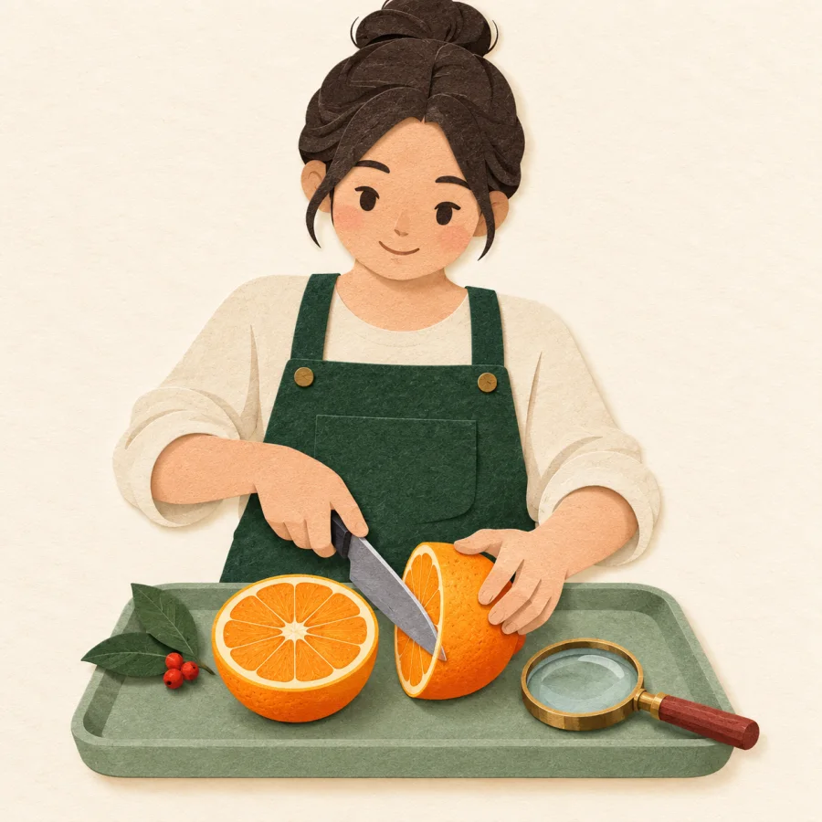 A person cuts an orange in half, with a magnifying glass nearby.