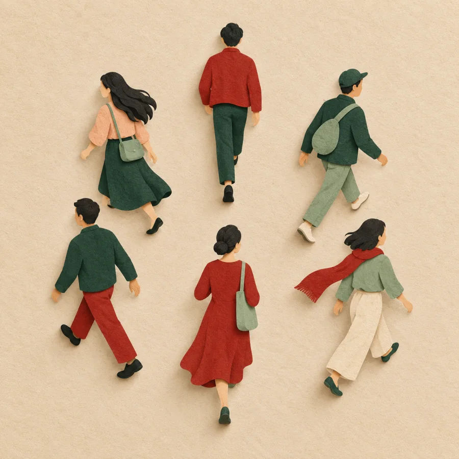 A group of people walks away in different directions.