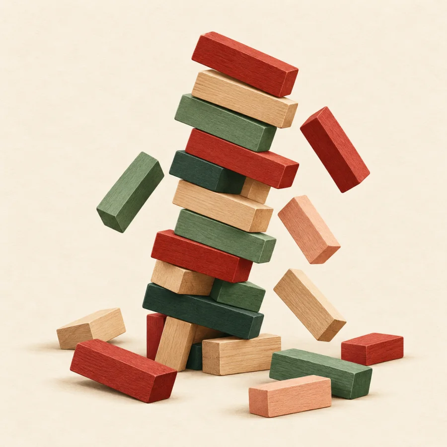 A tower of blocks falls apart into scattered pieces.