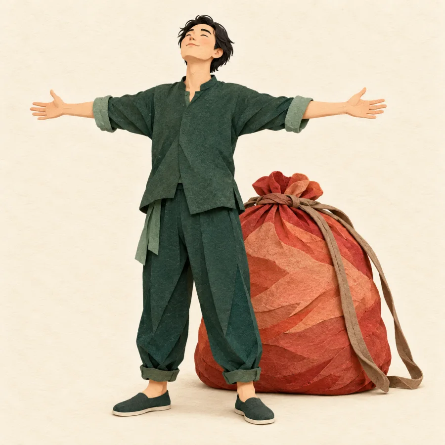 A person puts down a heavy sack and stretches their arms.