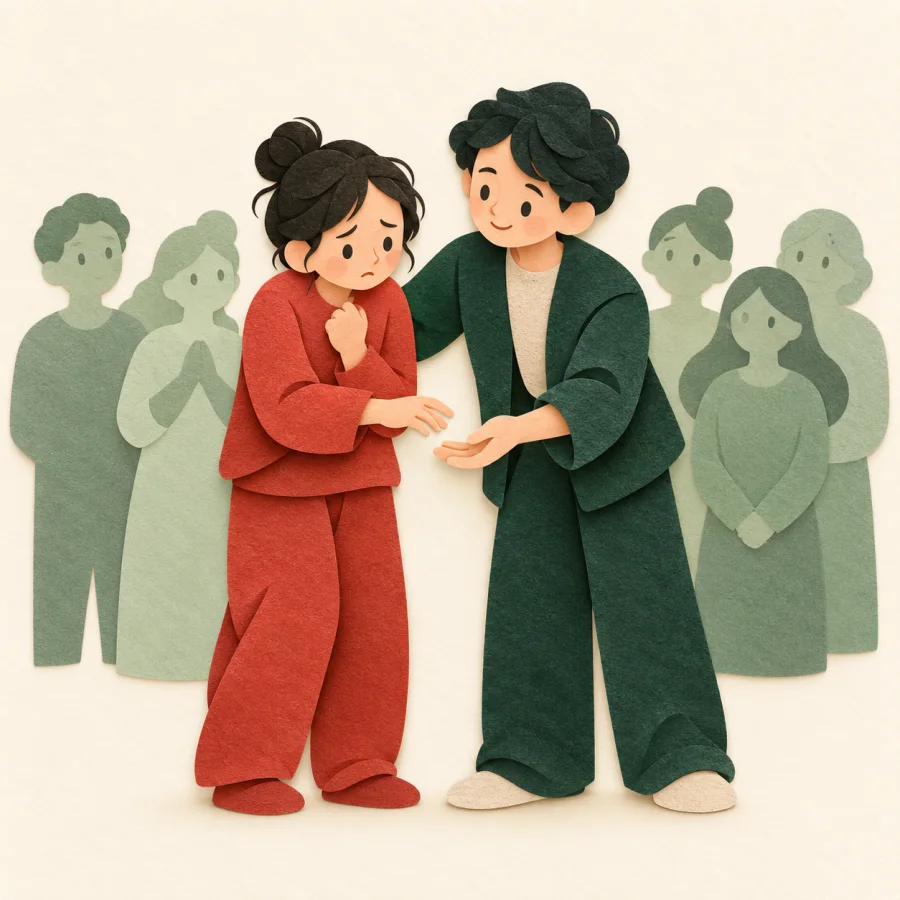 A person offers a hand to a flustered person facing a crowd.