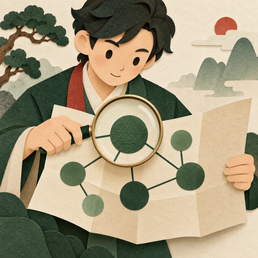 A person studies a diagram of linked circles through a magnifying glass.