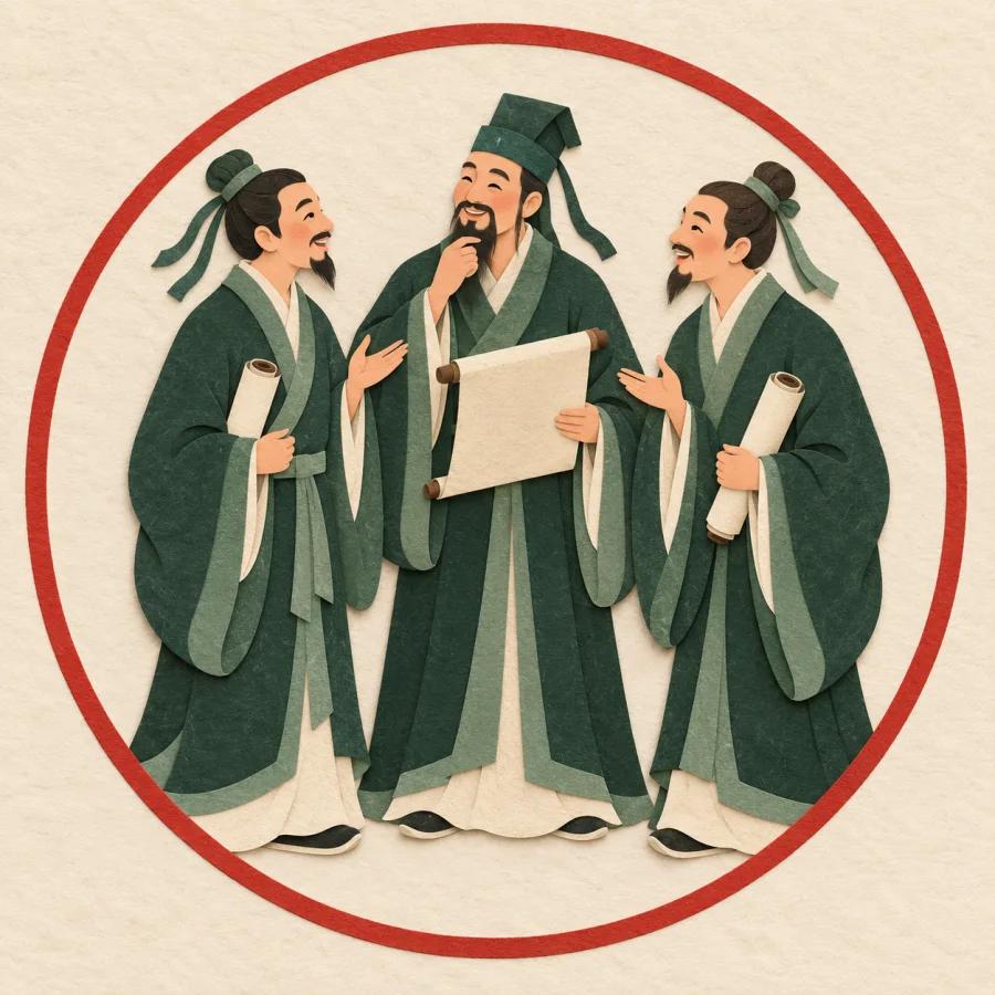 A few scholars in green robes stand together inside a red circle.