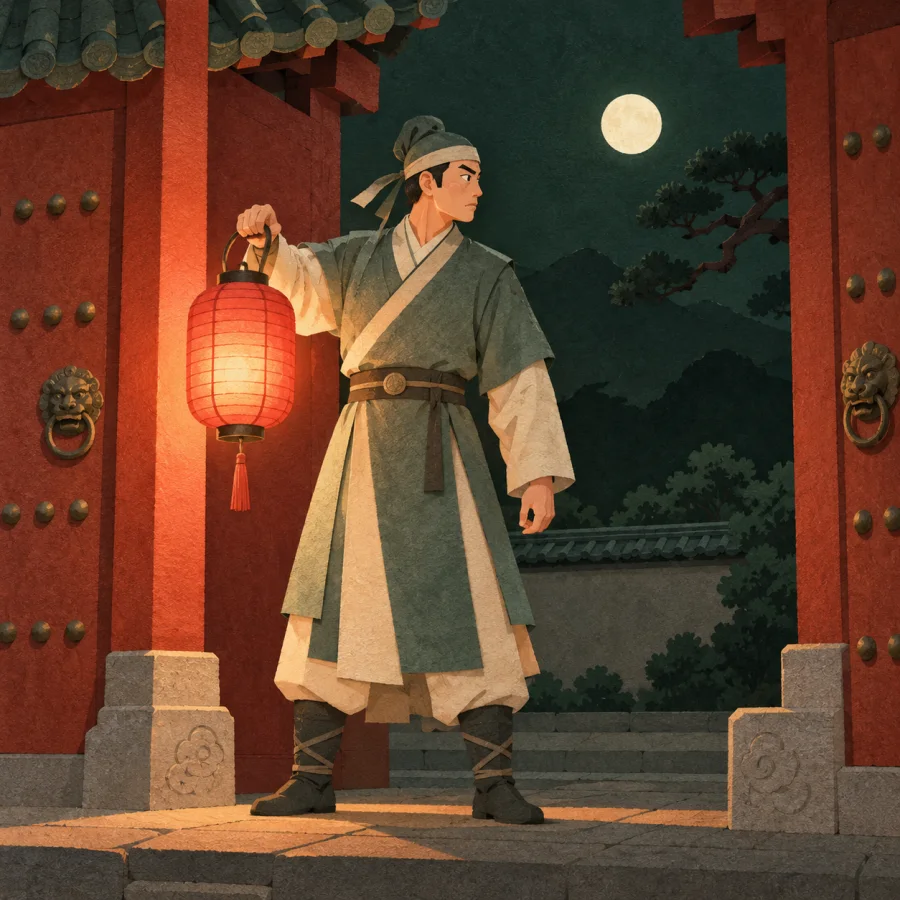 A guard with a lantern looks alertly to one side.