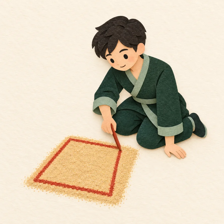 A person draws a red line around a square patch of sand.