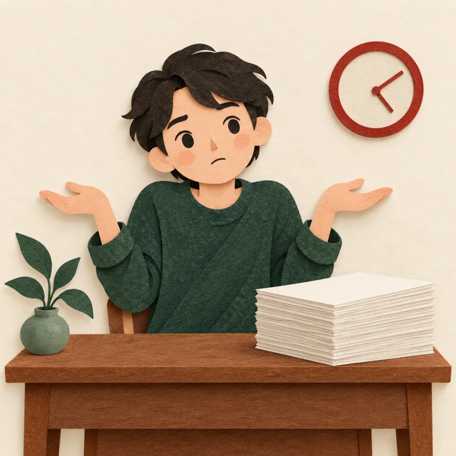 A person shrugs beside a desk with an untouched pile of paper.