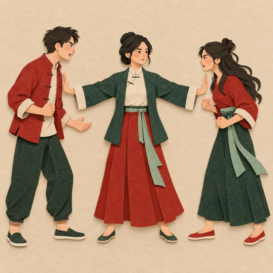 A person stands between two people, arms held out.