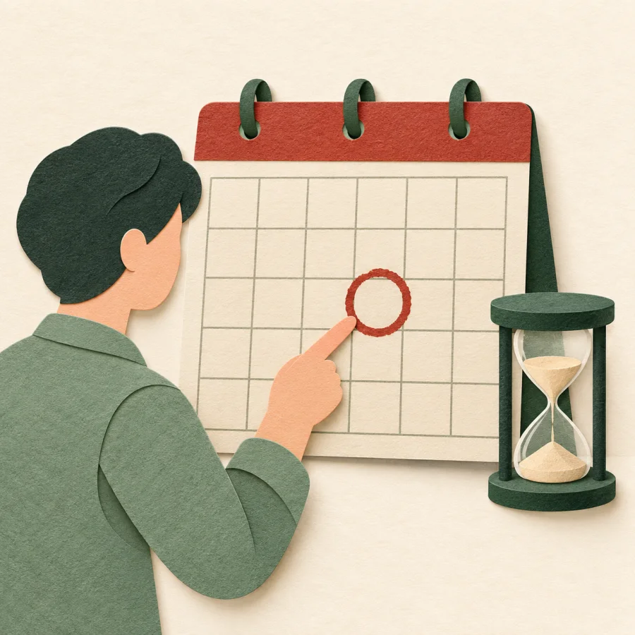 A person points at a calendar day marked with a red circle.