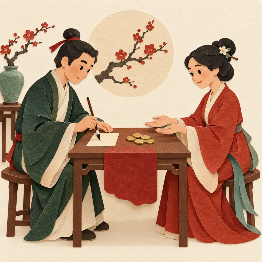 One person writes a slip of paper while another waits beside some coins.