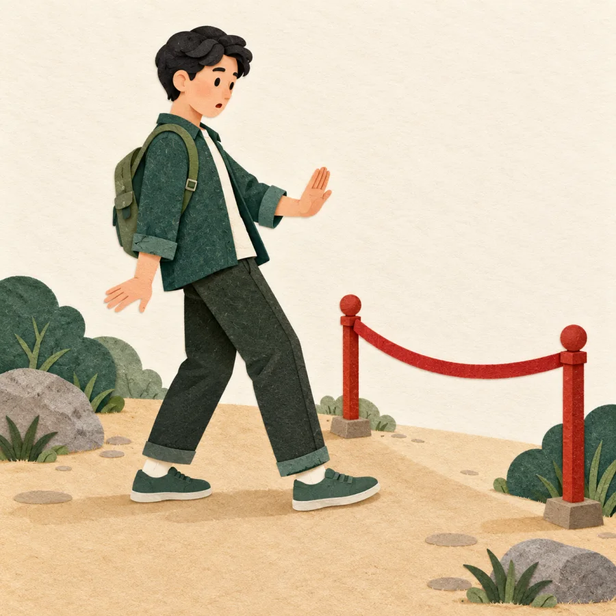 A person stops in front of a low rope barrier.