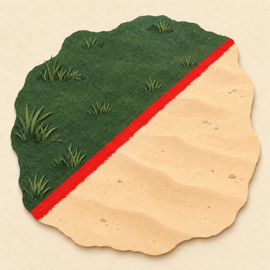 A red line divides a field into green and sandy halves.