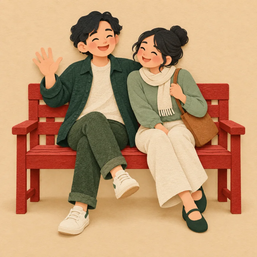 A relaxed person smiles as another sits beside them on a bench.