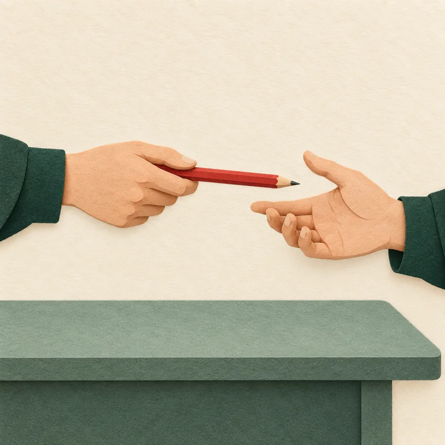 One person passes a pencil to another across a desk.