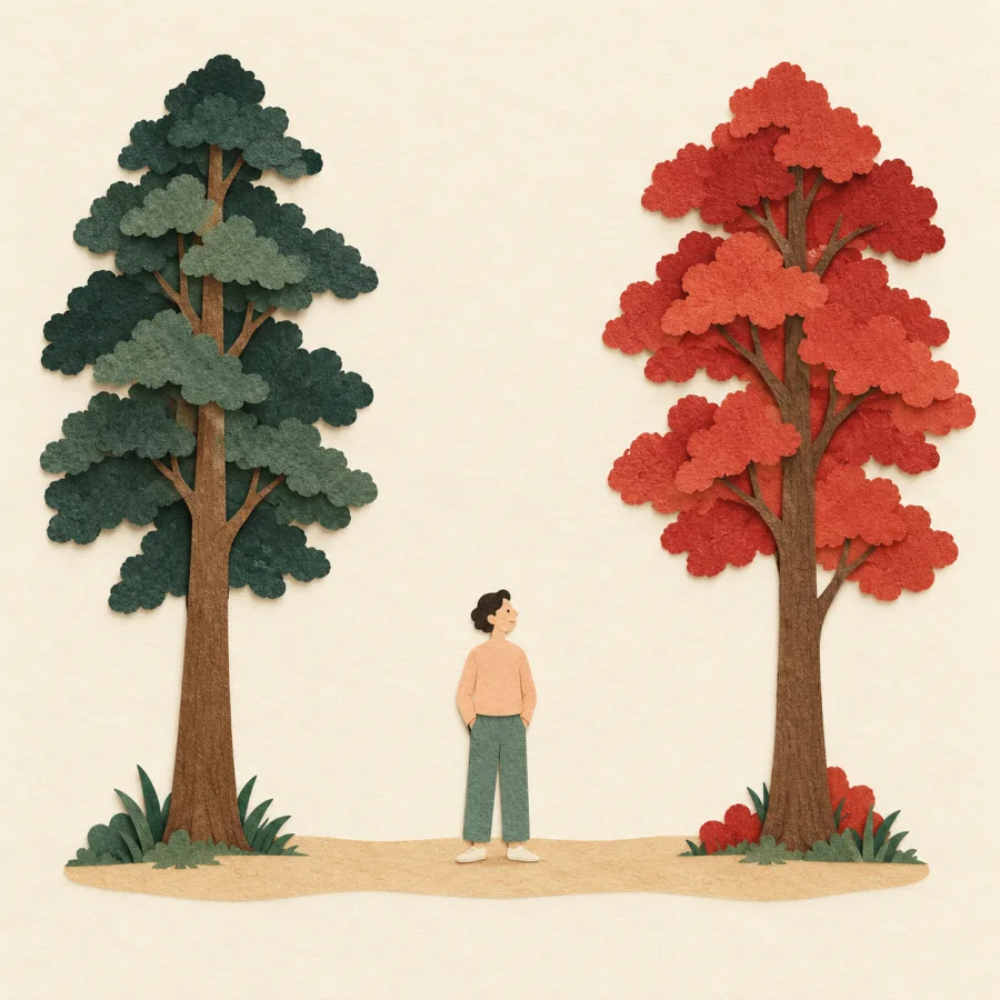 A person stands midway between two trees.