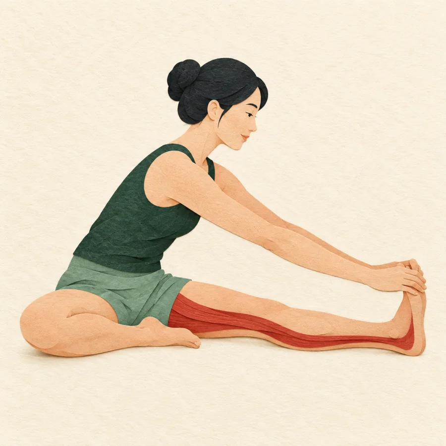 A person sits and reaches toward the toes of a stretched leg.