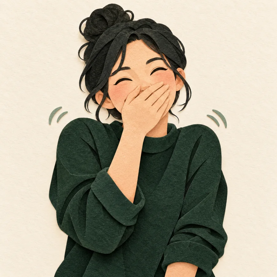 A person covers their mouth with one hand and laughs.