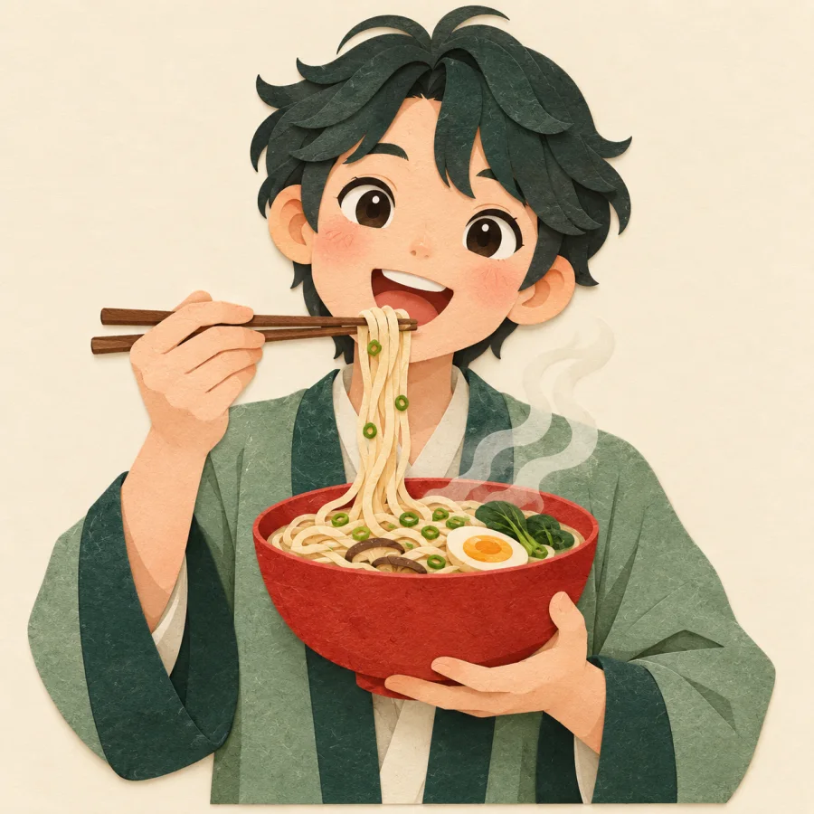 A person happily eats a steaming bowl of noodles.